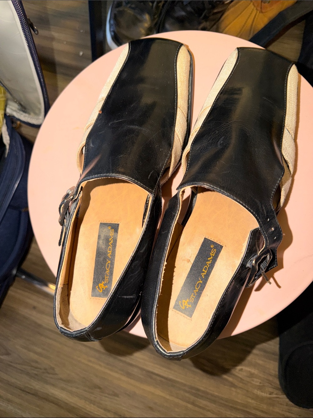Stacy Adams Black and Cream Leather Slingback Sandals